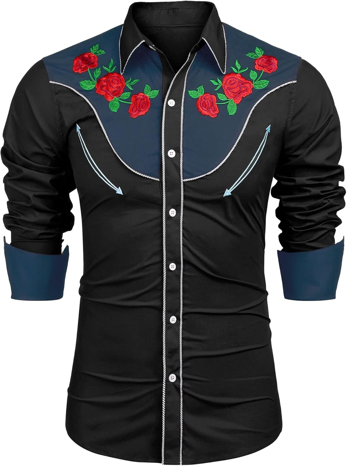 Men'S Western Cowboy Shirt Long Sleeve Slim Fit Rose Embroidered Cotton Casual Button down Shirts