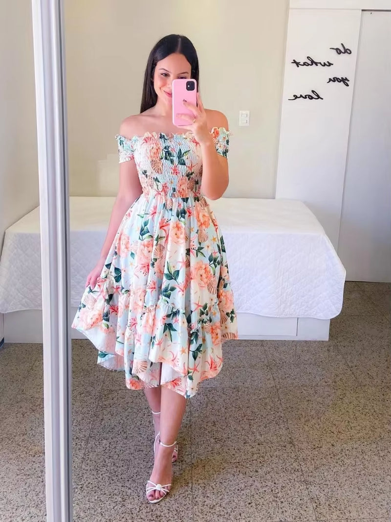 Dresses Summer Ladies Sexy off Shoulder Flower Print Dress Elegant Short Sleeve Elastic Irregular Casual Dress Vestido De Mujer