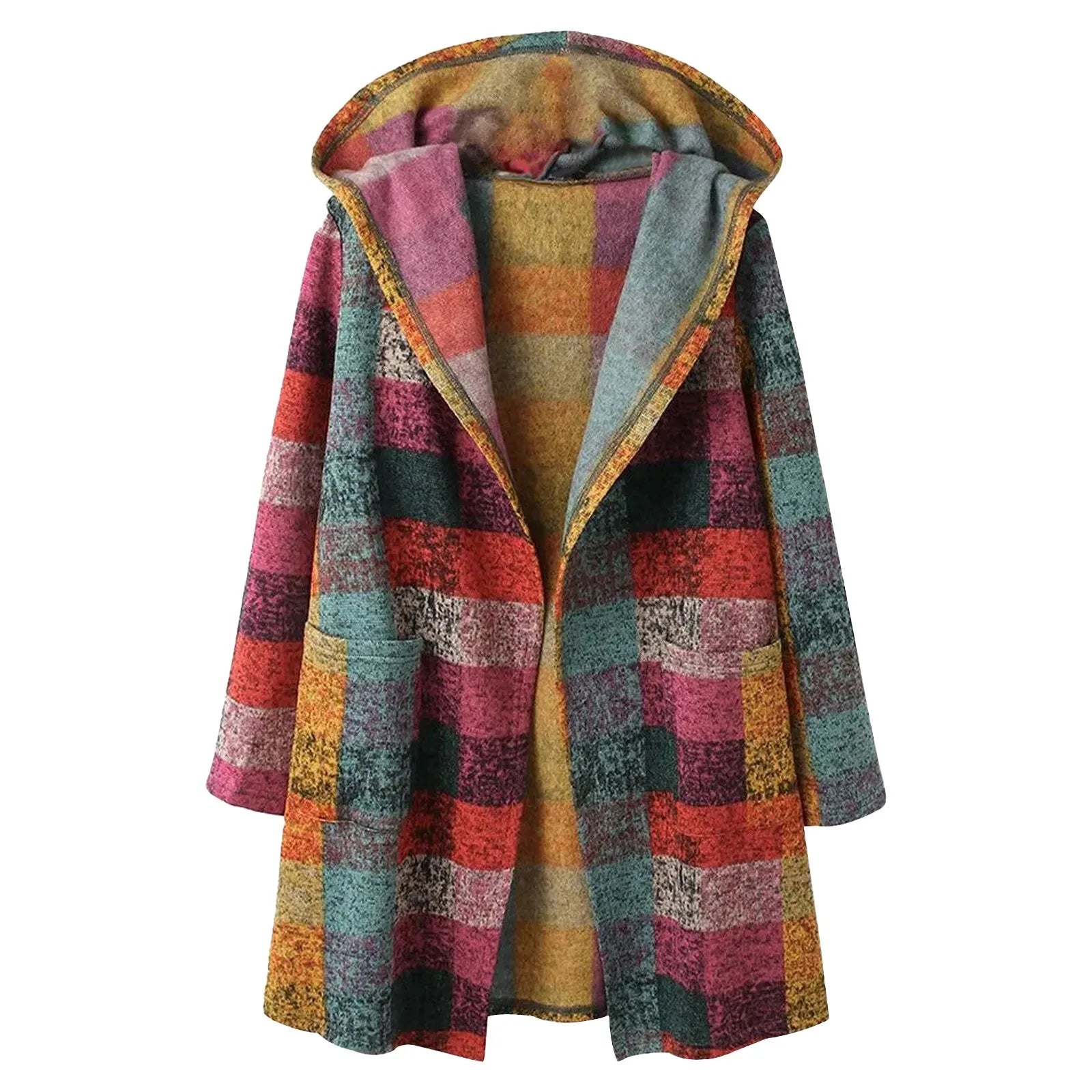 Womens Casual Plaid Cardigan Long Sleeve Zipper Hooded Vintage Pocket Duster Sweater Cardigan Womens Knit Jackets Ropa De Mujer