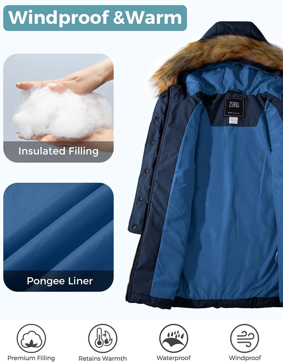 Girls' Long Winter Coat Waterproof Warm Puffer Jacket Hooded Snow Parka