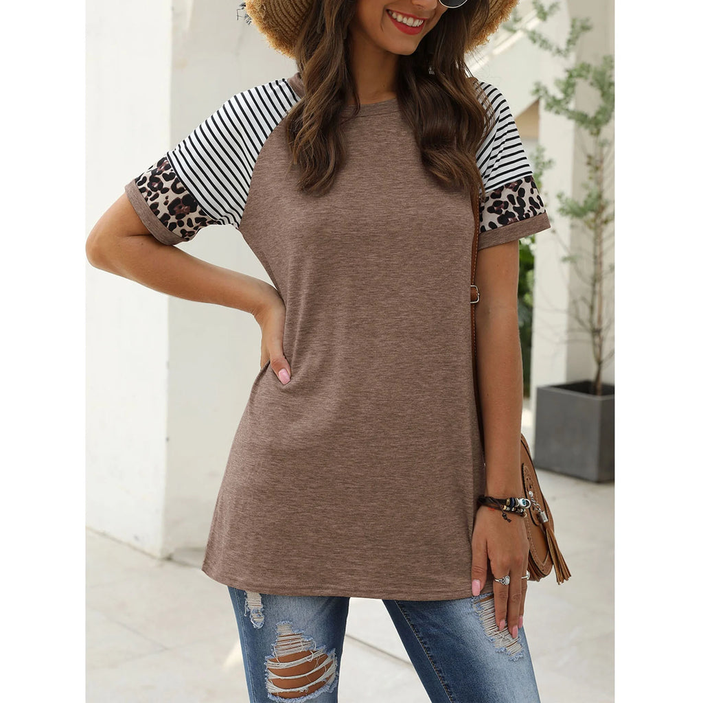 Womens T Shirts Short Sleeve Striped Summer Tops for Women Color Block Leopard Print Tunic Shirts Casual Comfy Tops Khaki