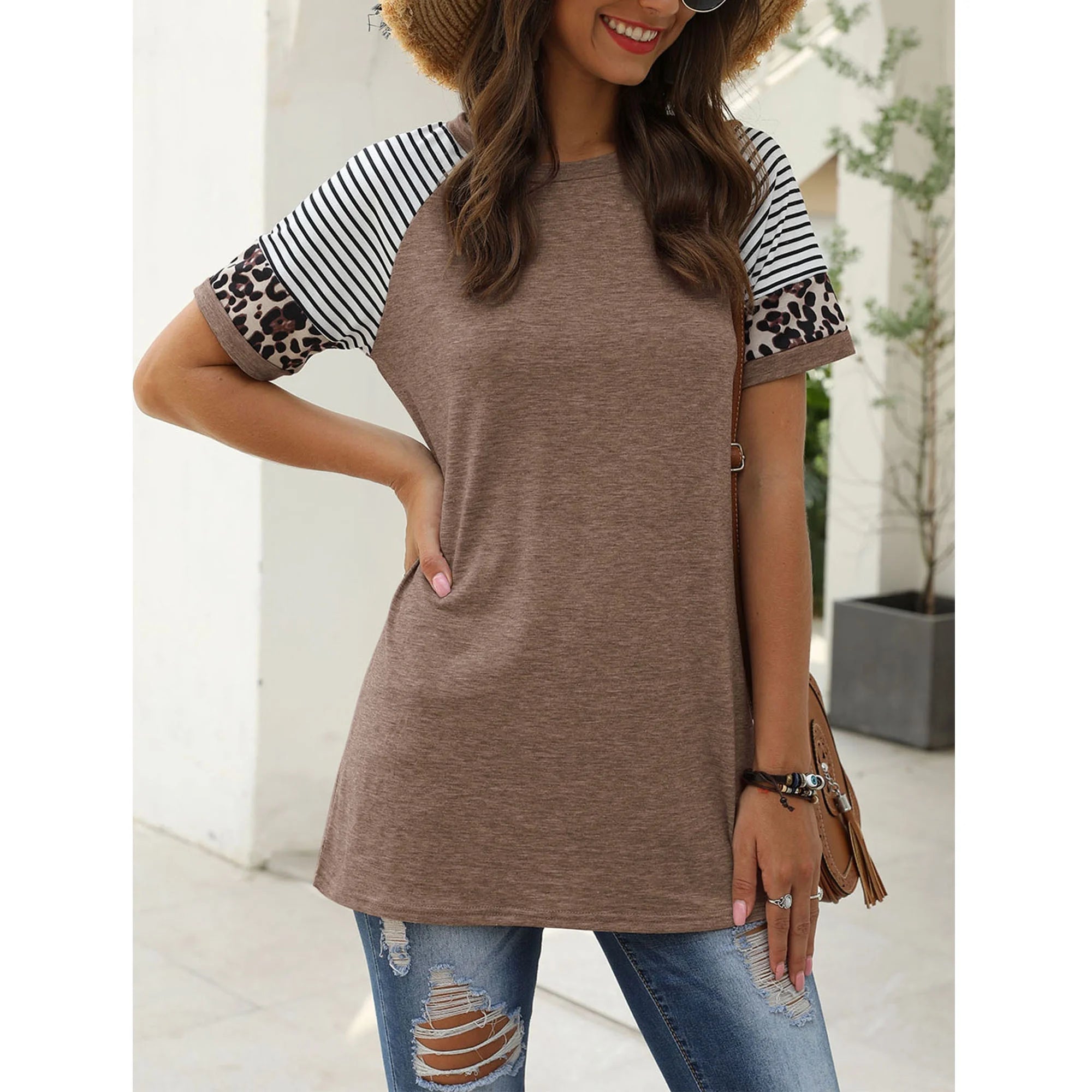 Womens T Shirts Short Sleeve Striped Summer Tops for Women Color Block Leopard Print Tunic Shirts Casual Comfy Tops Khaki