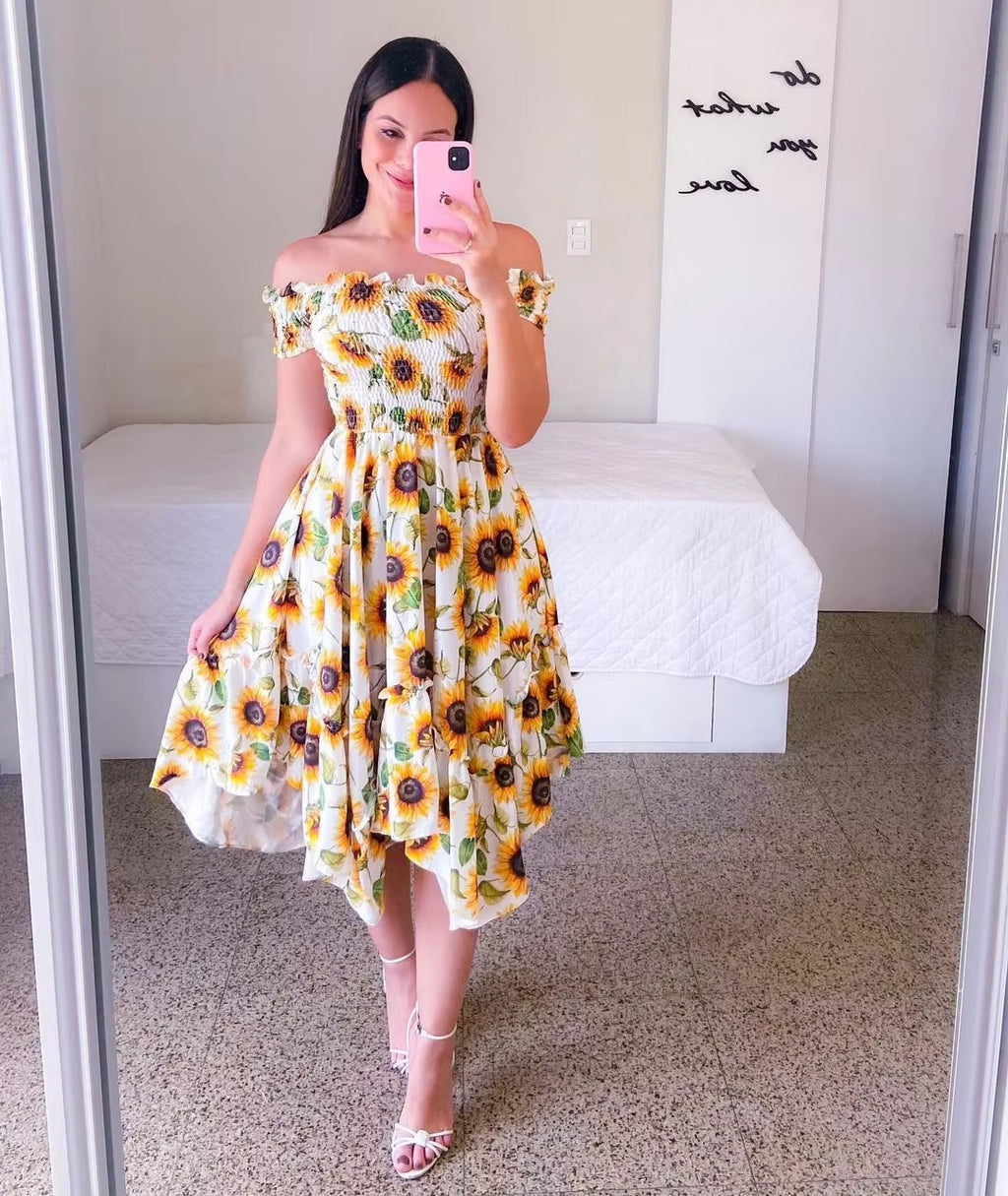 Dresses Summer Ladies Sexy off Shoulder Flower Print Dress Elegant Short Sleeve Elastic Irregular Casual Dress Vestido De Mujer