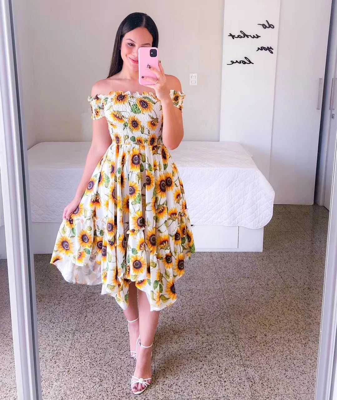 Dresses Summer Ladies Sexy off Shoulder Flower Print Dress Elegant Short Sleeve Elastic Irregular Casual Dress Vestido De Mujer