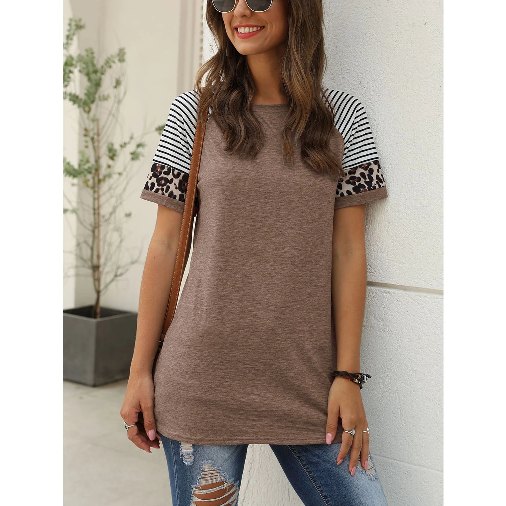 Womens T Shirts Short Sleeve Striped Summer Tops for Women Color Block Leopard Print Tunic Shirts Casual Comfy Tops Khaki