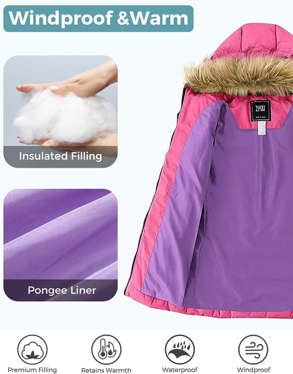 Girls' Long Winter Coat Waterproof Warm Puffer Jacket Hooded Snow Parka